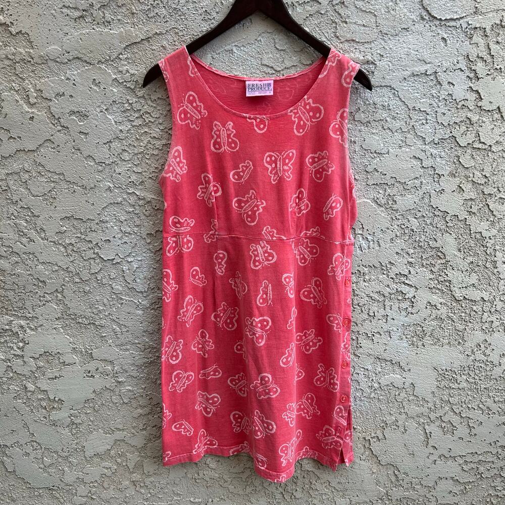 Vintage Fresh Produce Butterfly Print Tank Dress Pink USA Made Size Small